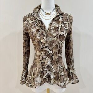 Vintage Python Snake Print Ruffle Blouse Bell Sleeve Pleated Semi Sheer Top Sz M